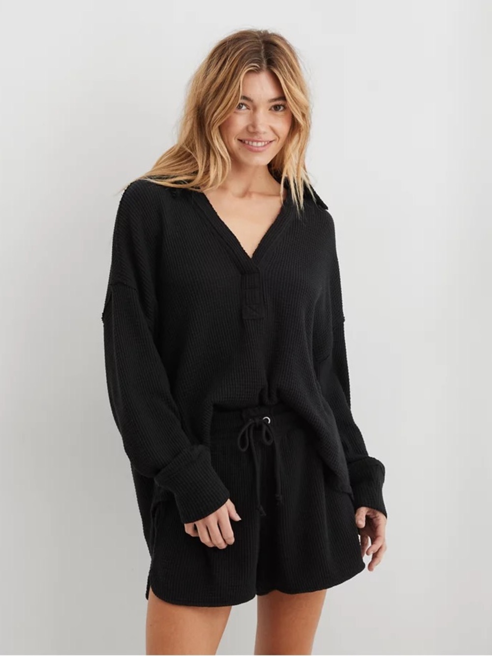 Aerie Black LumberJane Waffle-Knit Pullover Size M Preppy Cozy Oversized Chic